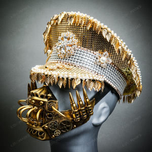 Luxury Golden Leaf Captain Party Military Cap Hat w/ Halloween Gold Mouth Mask